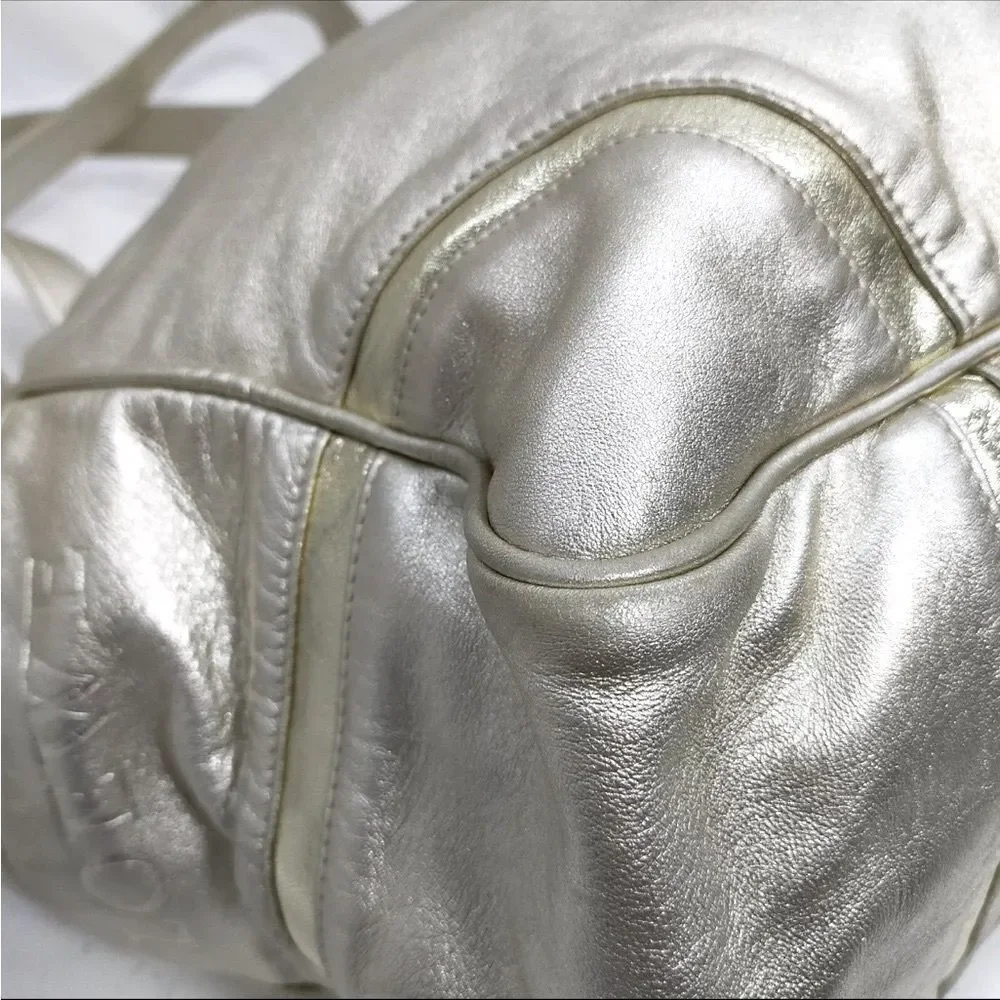 Auth Loewe Champagne Gold Leather Hobo Bucket Shoulder Bag Cinch